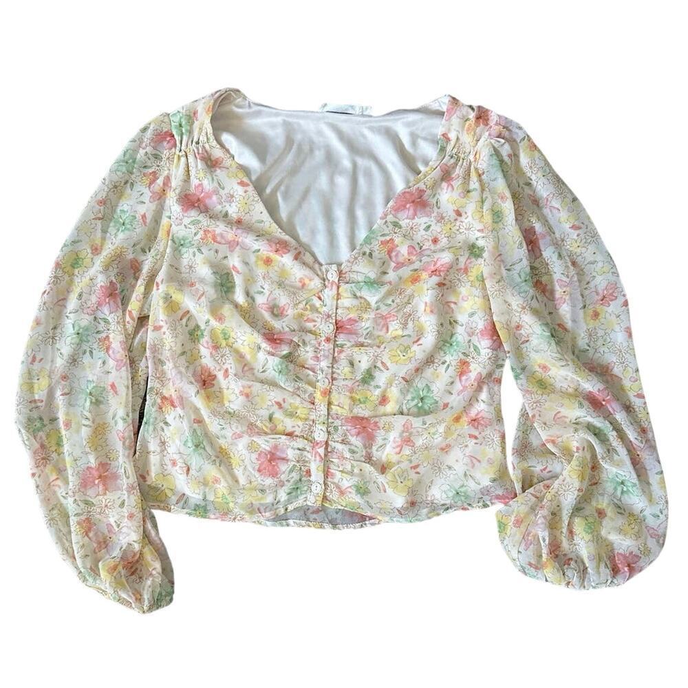 Lush Floral Pastel Button-Front Blouse - Ivory, Pink, Yellow, Green